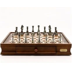 Chess Set Dark Titanium & Silver On 20 Inch Walnut Finish Chess Board By Dal Rossi