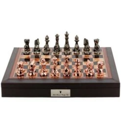Chess Set Diamond-Cut Copper & Bronze On 18 Inch Walnut Gloss Leather Board By Dal Rossi
