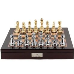 Chess Set Silver & Gold On 20 Inch Mahogany Chess Board By Dal Rossi