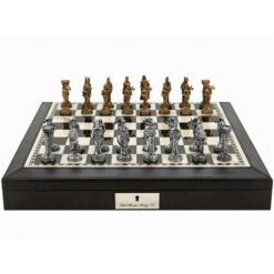 Chess Set Medieval Pewter On 18 Inch Black & White Leather Board By Dal Rossi