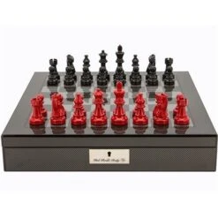 Chess Set Red & Black Wood On 20 Inch Carbon Fibre Chess Board By Dal Rossi