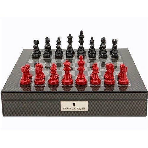 Chess Set Red & Black Wood On 20 Inch Carbon Fibre Chess Board By Dal Rossi 3 Chess Set Red & Black Wood On 20 Inch Carbon Fibre Chess Board By Dal Rossi