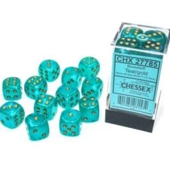 Borealis Teal/Gold 16mm D6 Dice Block (12 Dice) By Chessex