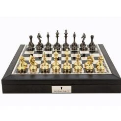 Chess Set Brass Titanium Cap Staunton On 18 Inch Black & White Leather By Dal Rossi