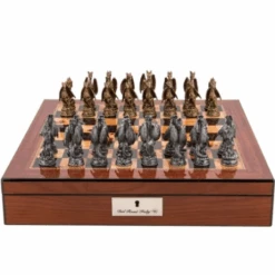 Chess Set Dragon Pewter On 20 Inch Walnut Gloss Chess Board By Dal Rossi
