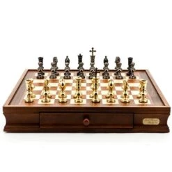 Chess Set Metal Dark Titanium & Gold On 20 Inch Walnut Finish Chess Board By Dal Rossi