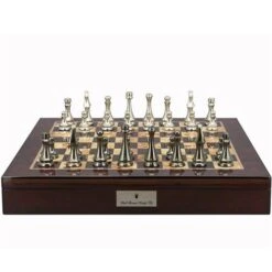 Chess Set Dark Titanium & Silver On 20 Inch Mahogany Chess Board By Dal Rossi