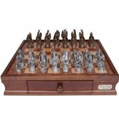 Chess Set Dragon Pewter On 20 Inch Walnut Finish Chess Board By Dal Rossi