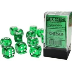 Translucent Green/White 16mm D6 Dice Block (12 Dice) By Chessex