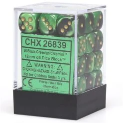Gemini Black Green/Gold 12mm D6 Dice Block (36 Dice) By Chessex