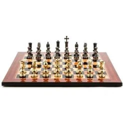Chess Set Metal Dark Titanium & Gold On 20 Inch Walnut Gloss Chess Board Flat By Dal Rossi