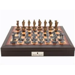 Chess Set Medieval Knights Pewter On 18 Inch Walnut Gloss Leather Board By Dal Rossi