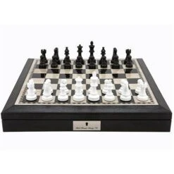 Chess Set Black & White Wood On 18 Inch Black & White Leather Board By Dal Rossi