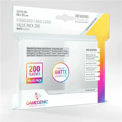 Card Sleeves (66x91mm) Standard Matte 200 Value Pack By Gamegenic 3 Card Sleeves (66x91mm) Standard Matte 200 Value Pack By Gamegenic