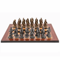 Chess Set Dragons Pewter On 20 Inch Walnut Gloss Chess Board Flat By Dal Rossi
