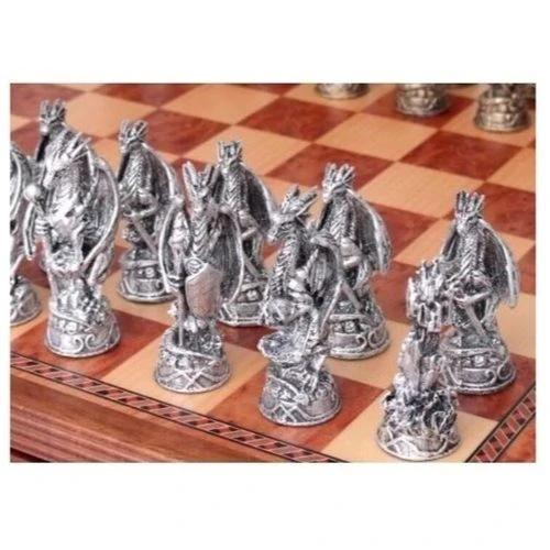 Chess Set Dragon Pewter On 18 Inch Walnut Leather Chess Board By Dal Rossi 5 Chess Set Dragon Pewter On 18 Inch Walnut Leather Chess Board By Dal Rossi - Image 3