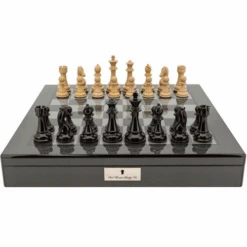 Chess Set Ebony & Wood On 20 Inch Carbon Fibre Chess Board By Dal Rossi