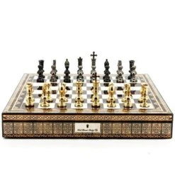 Chess Set Metal Dark Titanium & Gold On 20 Inch Mosaic Chess Board By Dal Rossi