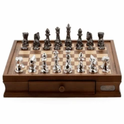 Chess Set Diamond-Cut Titanium & Silver On 20 Inch Walnut Finish Chess Board By Dal Rossi
