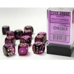 Gemini Black-Purple/Gold 16mm D6 Dice Block (12 Dice) By Chessex