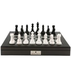 Chess Set Black & White Wood On 20 Inch Carbon Fibre Chess Board By Dal Rossi
