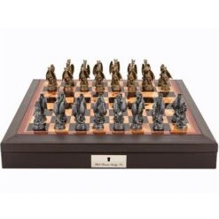 Chess Set Dragon Pewter On 18 Inch Walnut Leather Chess Board By Dal Rossi